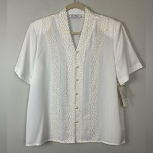 NWT Kathy Che Lace Trim White Short Sleeves Front Pearl Buttons Vtg Blouse 10